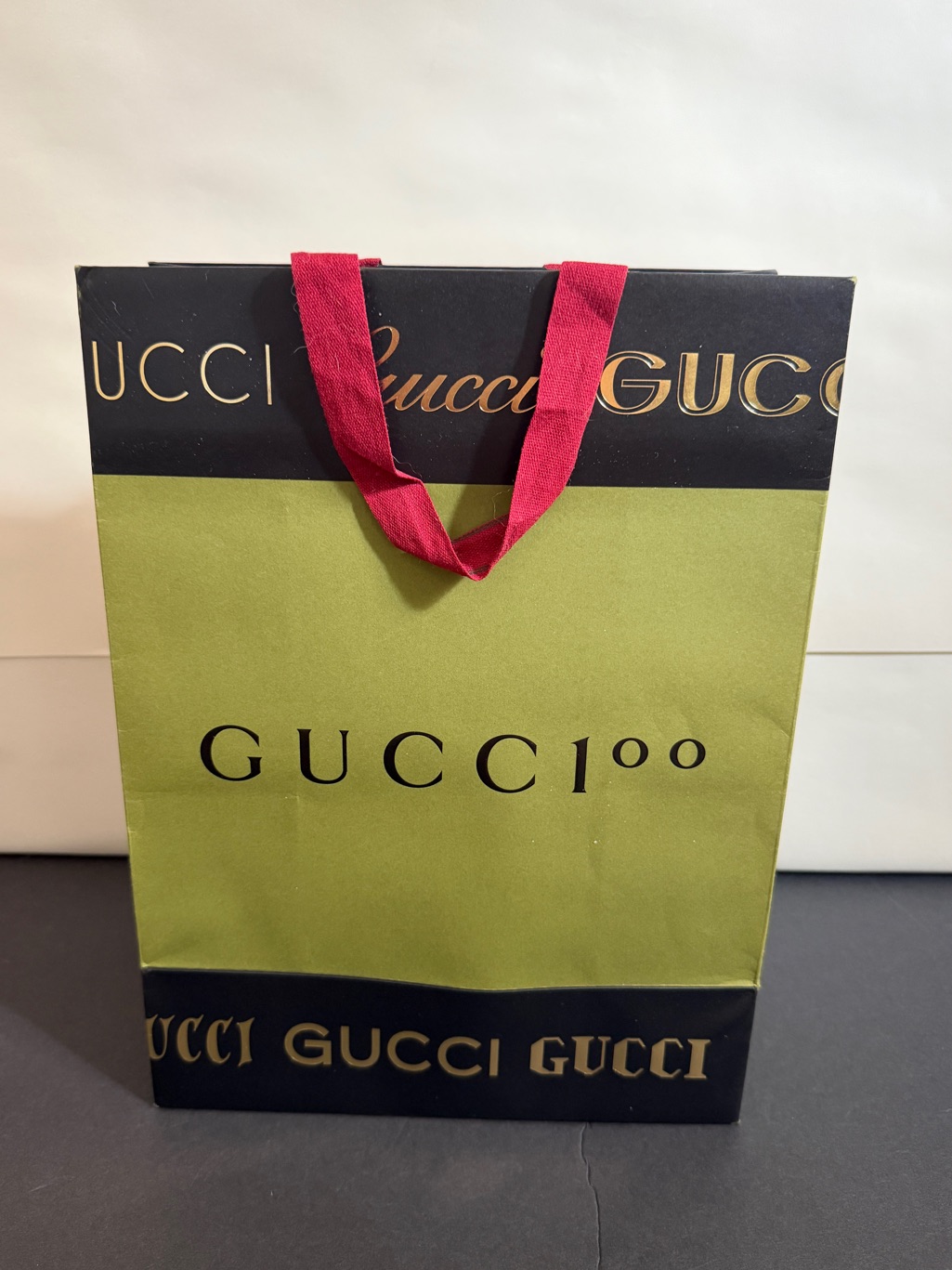 Gucci Green Paper Shopping Bag With Red Handles